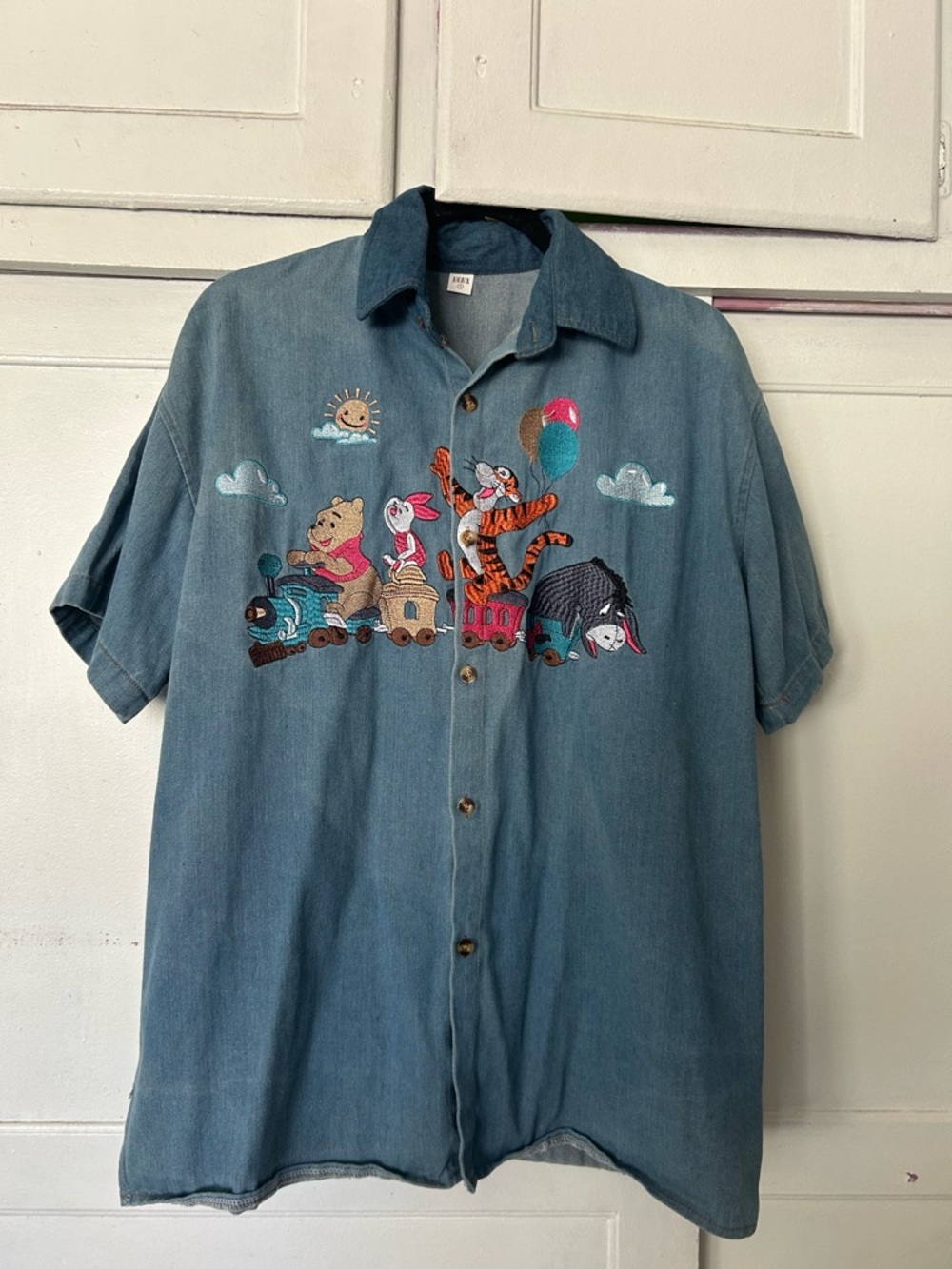 Vintage Disney Blue Denim Button-Front Winnie the Pooh Train Shirt